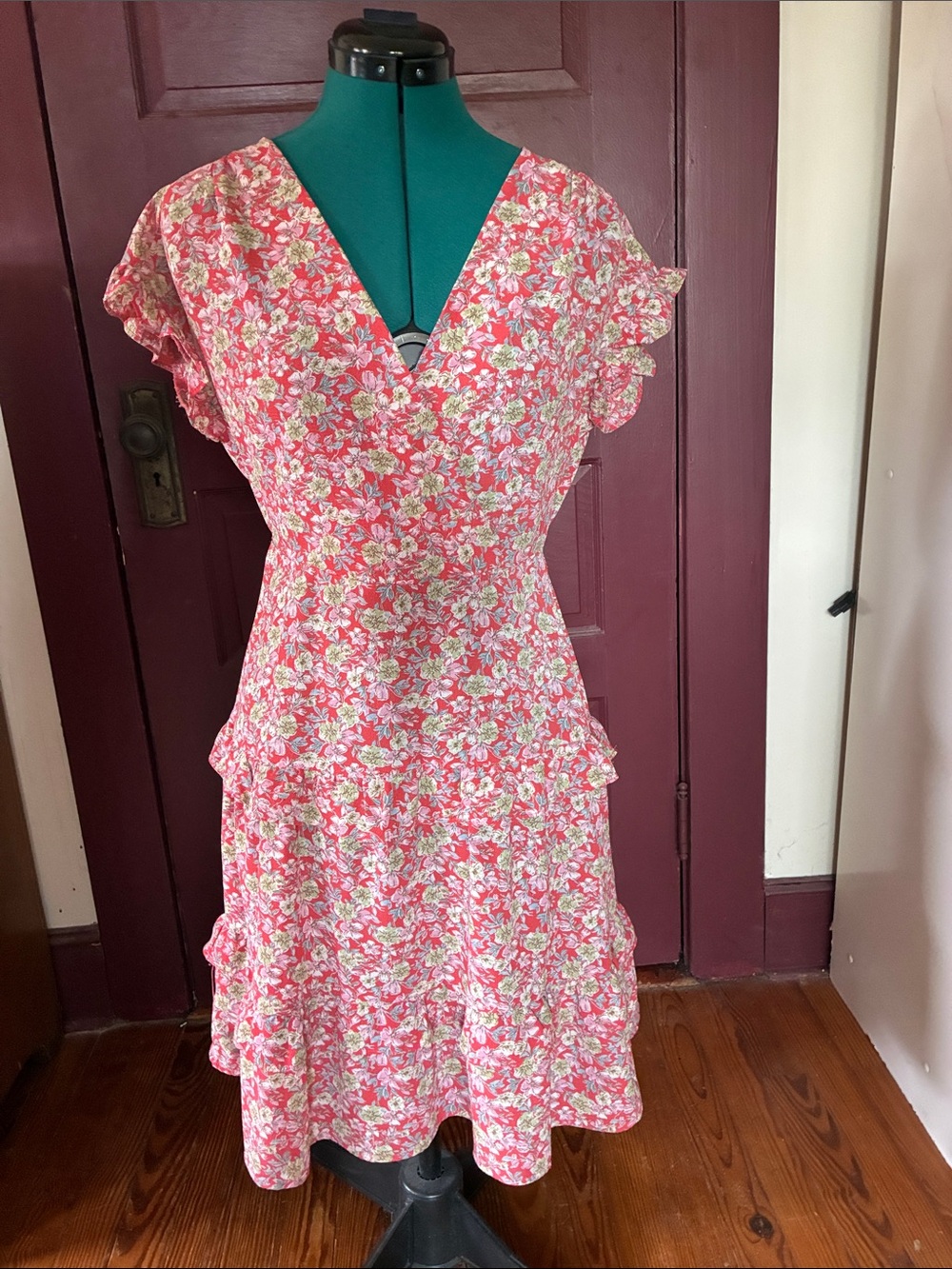 Floral V-Neck Coral Tea Dress